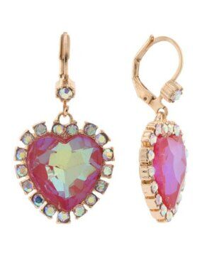 NWT Betsey Johnson Pink Glass Crystal Halo Heart Drop Earrings Gold Tone Metal